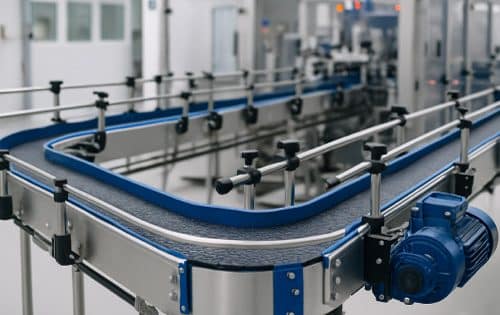 Conveyors for production lines in a modern factory, showing a clean, efficient conveyor belt system