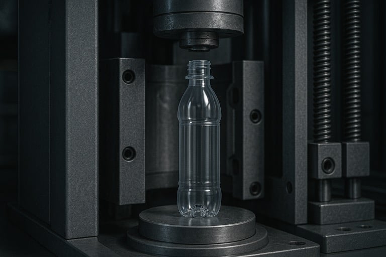 The newly formed bottle is cooled and ejected, ready for filling.