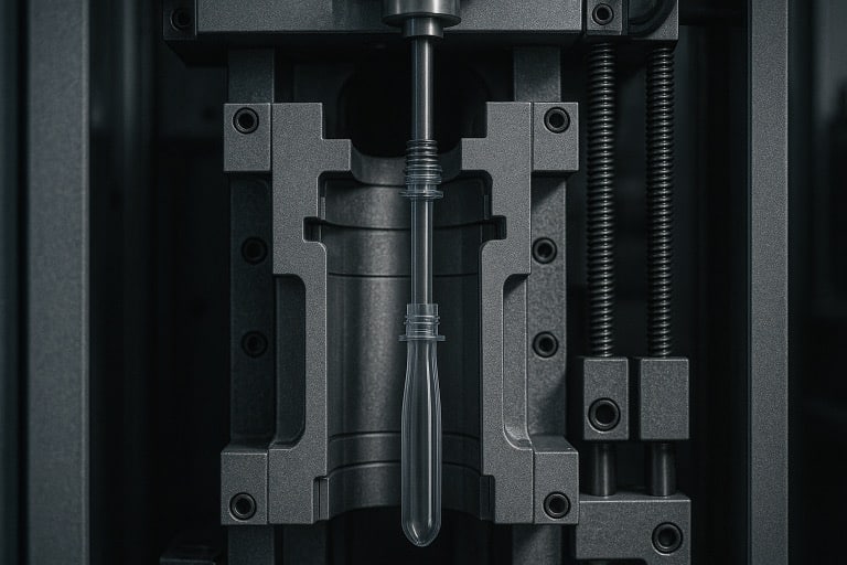 Stretch rod pulls the preform downwards, elongating it to the bottle’s height.