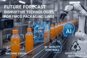 A robotic arm and smart conveyor system demonstrating advanced packaging line technologies in a UK FMCG factory, including AI quality control, machine vision, and biodegradable materials.