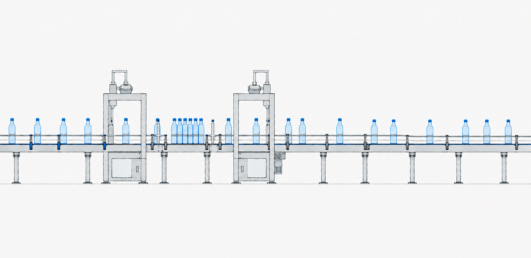 Minimalist technical illustration of a bottling conveyor line showing how flow changes after a restart. Bottles begin evenly spaced on the left, compress through a held section between machines, then release unevenly downstream with irregular spacing patterns that continue across the right-hand side of the conveyor. The line appears operational throughout, but the downstream flow no longer returns to one consistent repeating pattern.