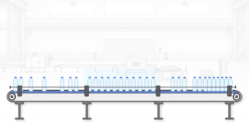 Product spacing compresses into tighter groups as available space reduces, with gaps disappearing and flow becoming visibly constrained at one section.