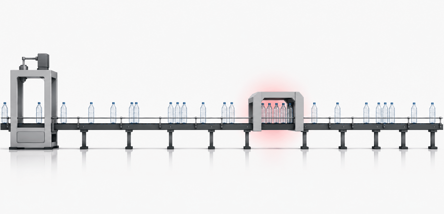 Packaging line illustration showing slightly uneven bottle flow entering an accumulation section and releasing downstream in uneven grouped surges and gaps.