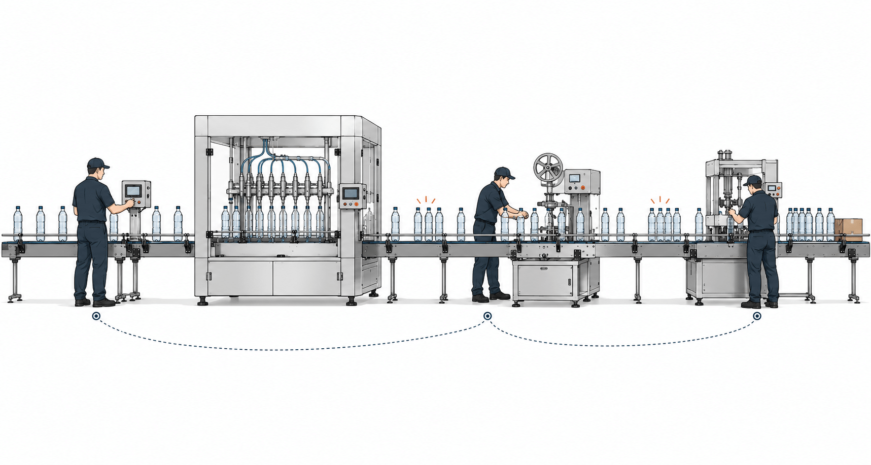 Technical illustration of a bottling production line requiring continuous operator intervention, showing workers adjusting machinery and monitoring uneven bottle spacing to maintain steady product flow across the conveyor system.