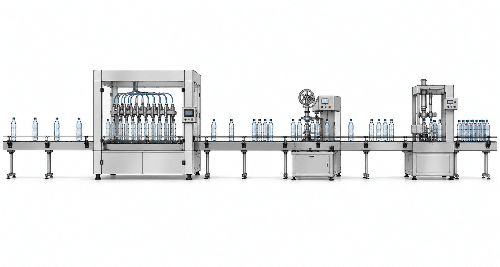 Technical illustration of a packaging line showing instability travelling through the system, with bottle spacing gradually tightening and reshaping downstream after a small disruption while the line continues running in an uneven recovery pattern.