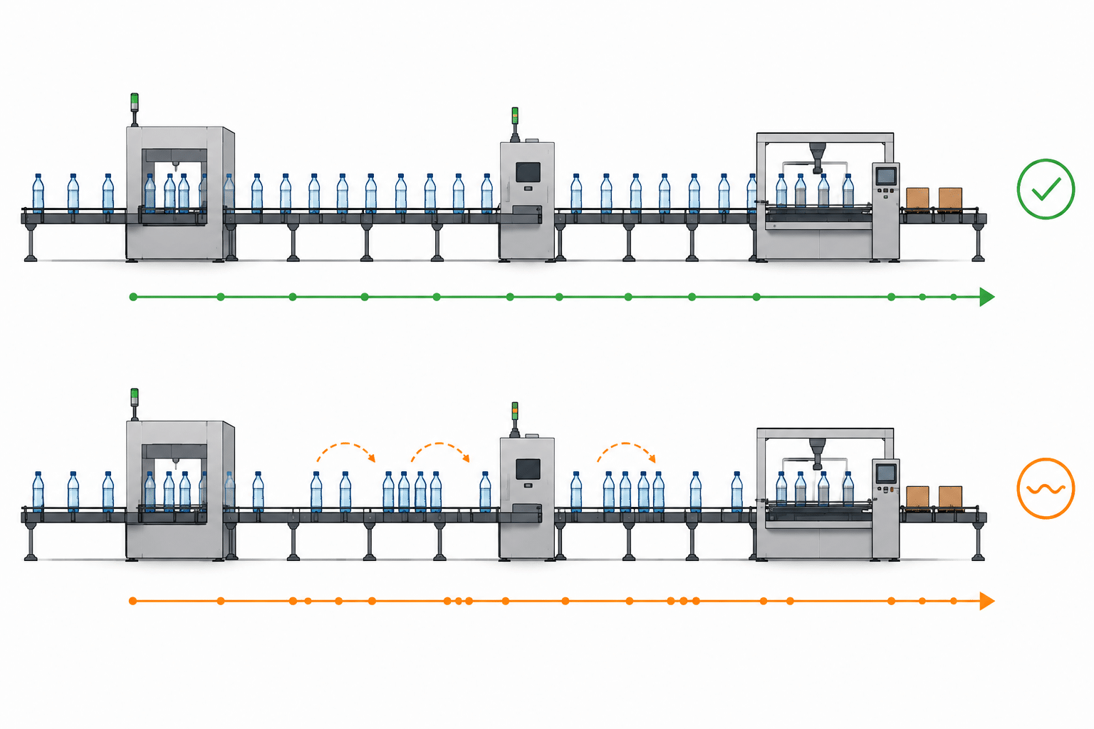 Infographic-style packaging line illustration showing uneven recovery after repeated short stops, with grouped bottle flow, tightening spacing, and variation carrying forward between upstream and downstream sections.