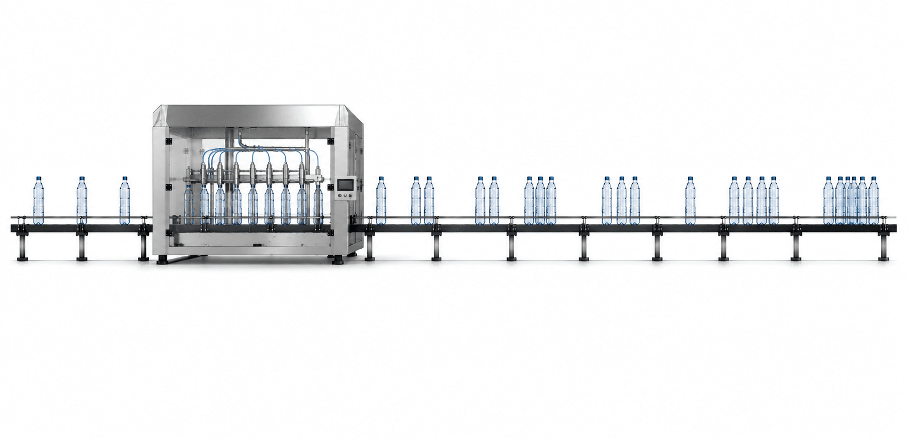 Technical conveyor line illustration showing operators repeatedly adjusting flow as grouped bottles and tightening spacing force ongoing compensation to maintain production.