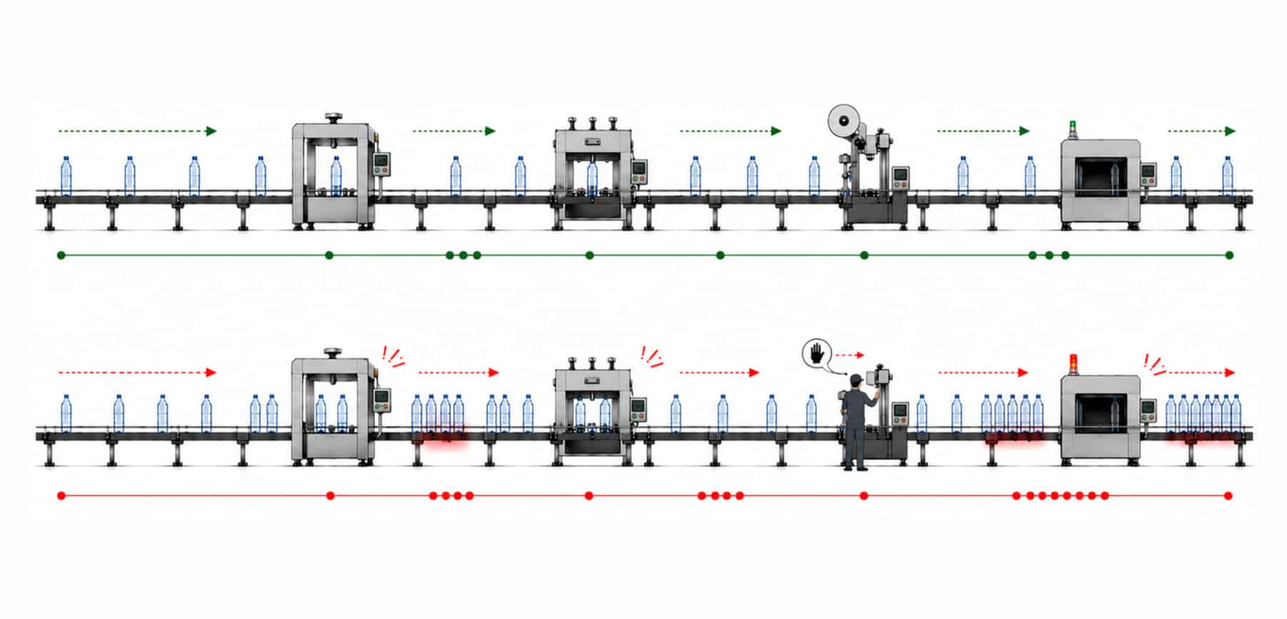 Infographic-style bottling line illustration comparing a calm stable conveyor flow with a busier unstable line requiring repeated operator intervention and spacing correction.