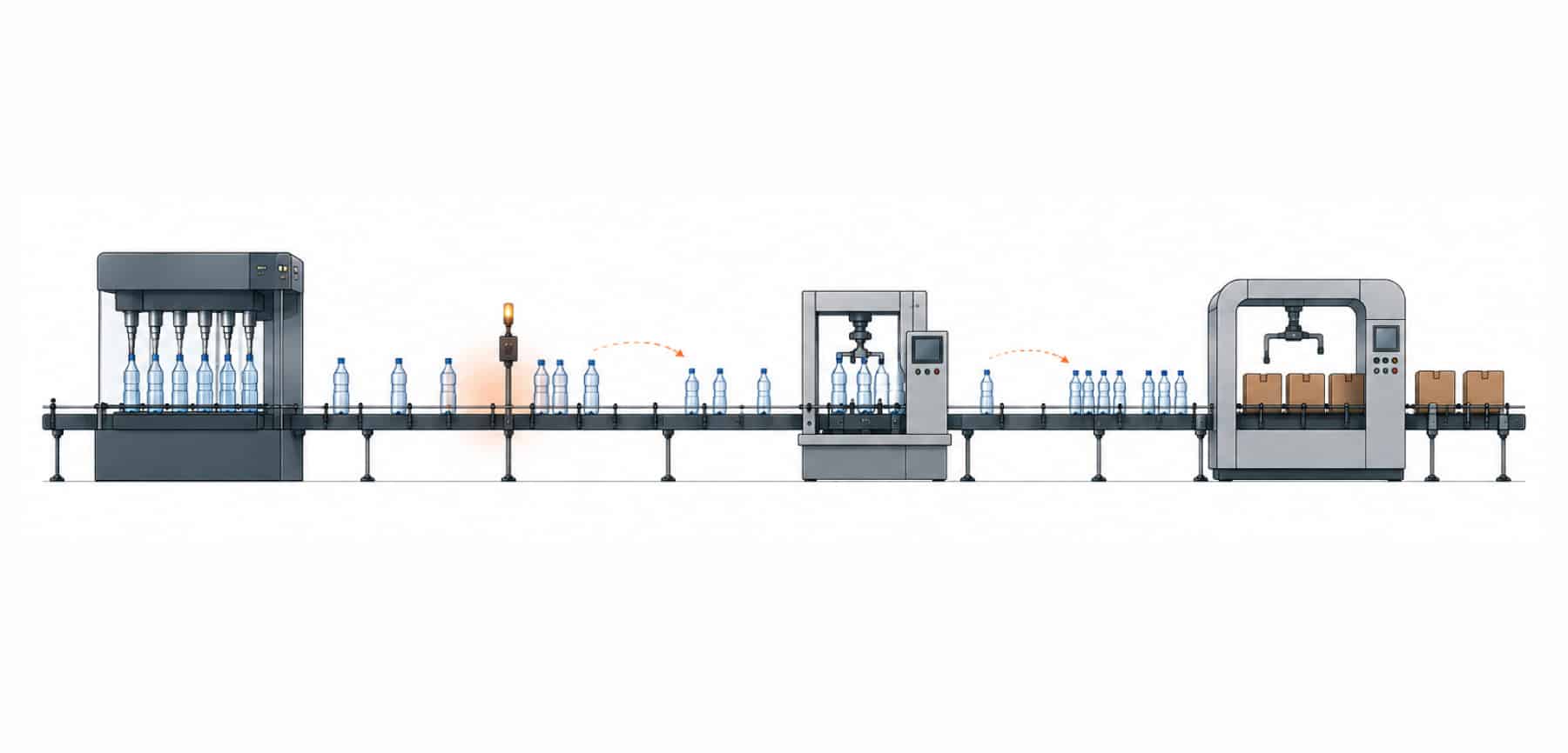 Minimal infographic showing faster packaging line recovery causing unstable spacing and uneven downstream flow.