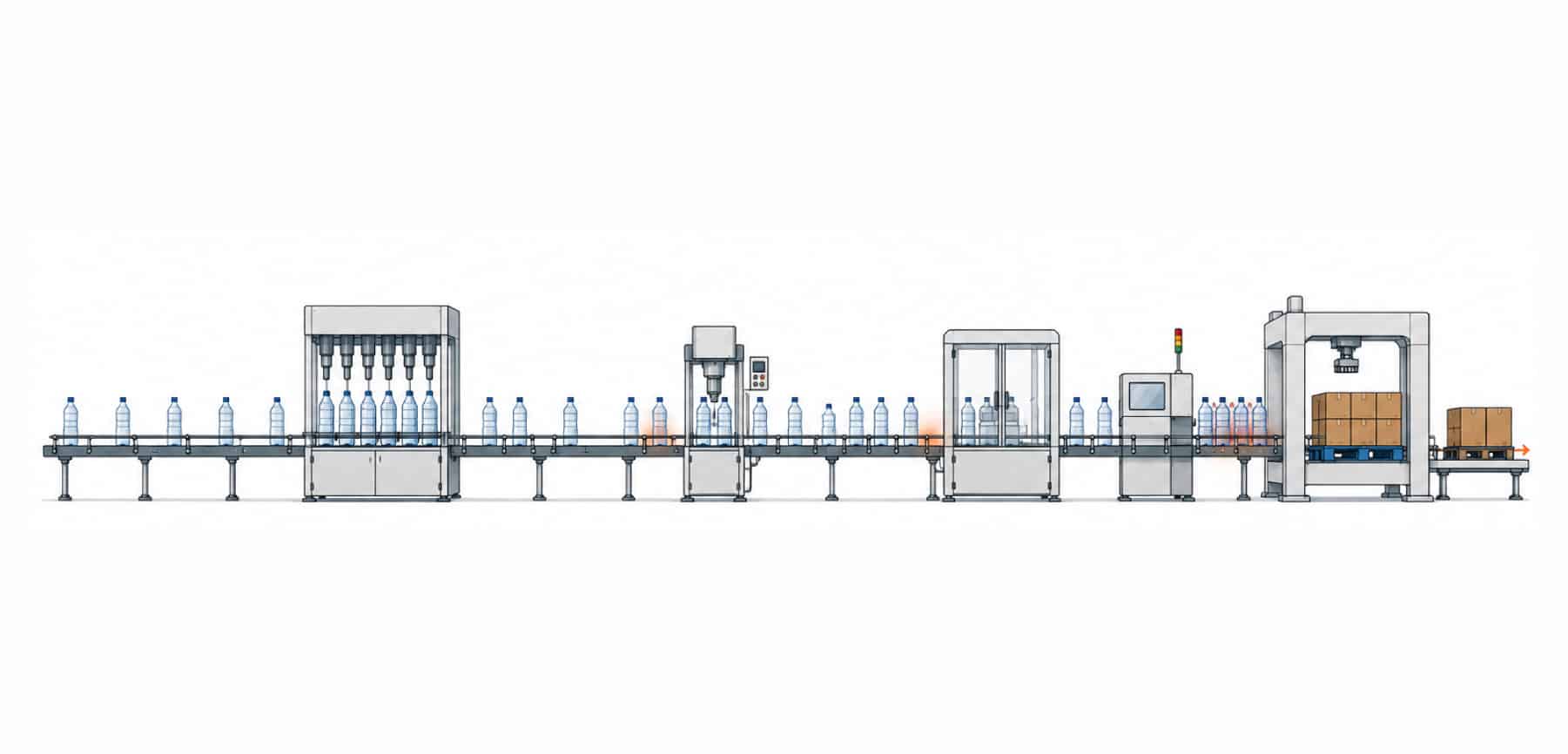 Infographic-style bottling line illustration comparing planned steady throughput with uneven recovery behaviour, showing grouped bottle release, accumulation waves, and downstream spacing instability after short interruptions.