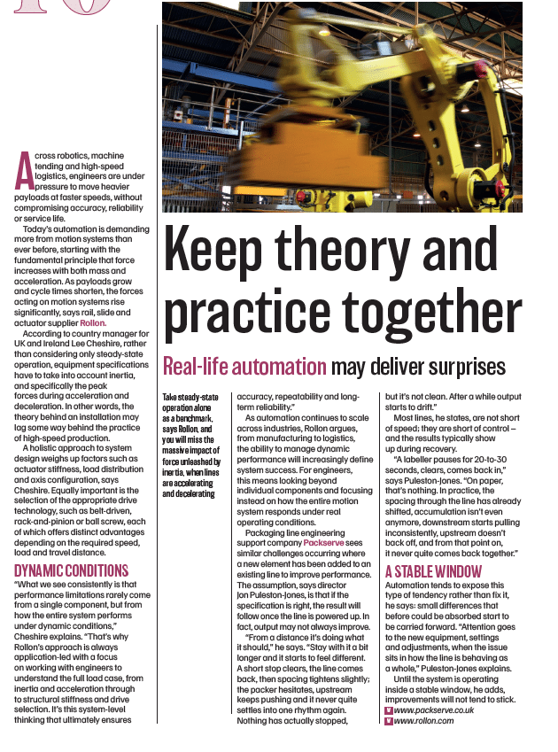 Magazine article from Machinery Update discussing packaging line stability and automation performance